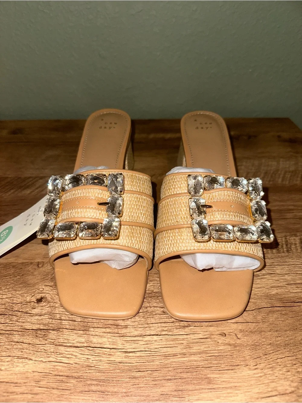 a new day Beige Woven Block Heel Mules with Crystal Buckles - Picture 3 of 8